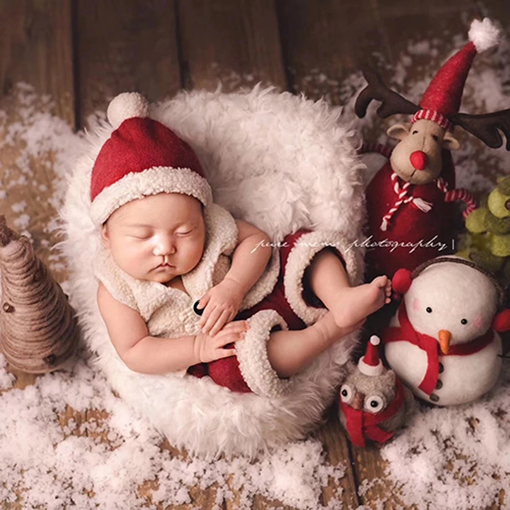 New Year Clothing 0-1month Baby Christmas Hat Vest Set Newborn Photography Props Accessories Romper Jumpsuit Photo Shoot Studio