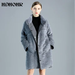 HDHOHR 2024 New Women's Real Mink Fur Coat With Down Double Side Wear Natural Mink Fur Jackets Winter Warm Strip Long Fur coat