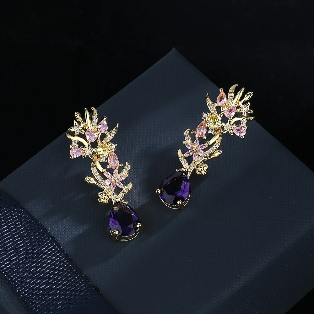 Exaggerated atmosphere zircon flower earrings fashion colored diamond hollow catwalk street photography female party jewelry