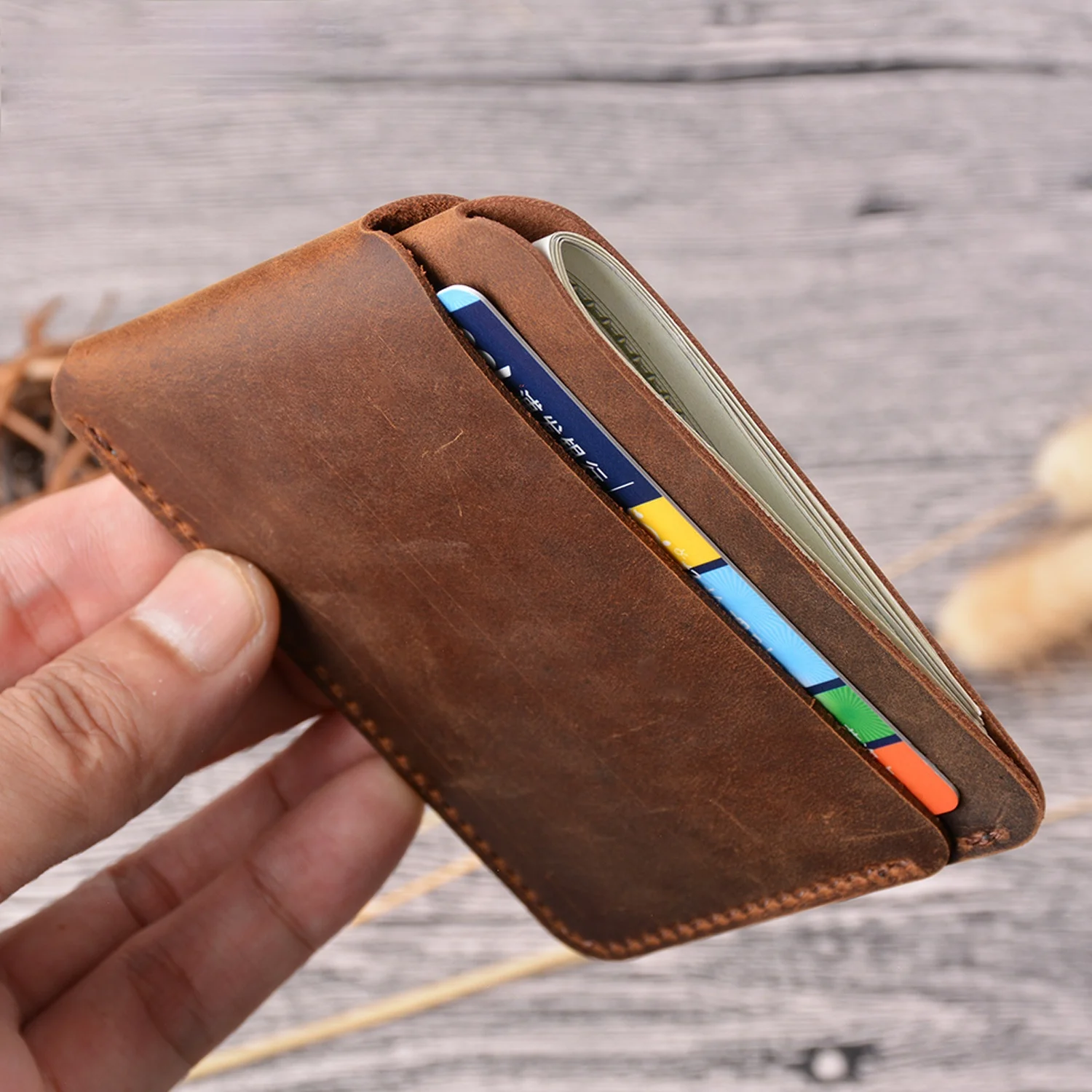 GENODERN Genuine Leather Business ID Card Holder Crazy Horse Leather Travel Credit Card Holder Mini Wallet Men Women Purse Case