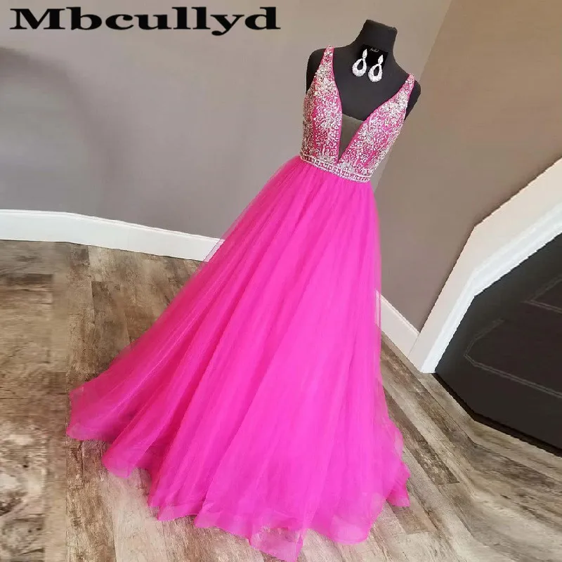 Mbcullyd Fuchsia Tulle ชุดราตรียาว2023 Shining ประดับด้วยลูกปัดคริสตัลปาร์ตี้พรหมสำหรับผู้หญิง Vestidos De Fiesta De Noche