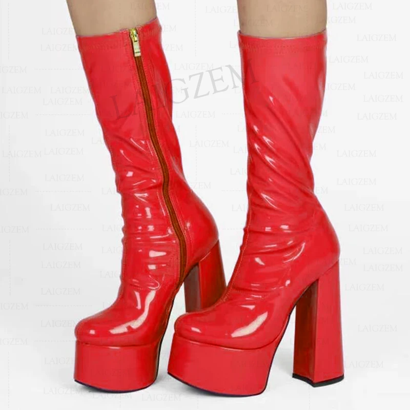 

BERZIMER SUPER Women Calf High Platform Boots Zip Up Block High Heels Tall Boots Customize Unisex Shoes Woman Big Size 41 44 47