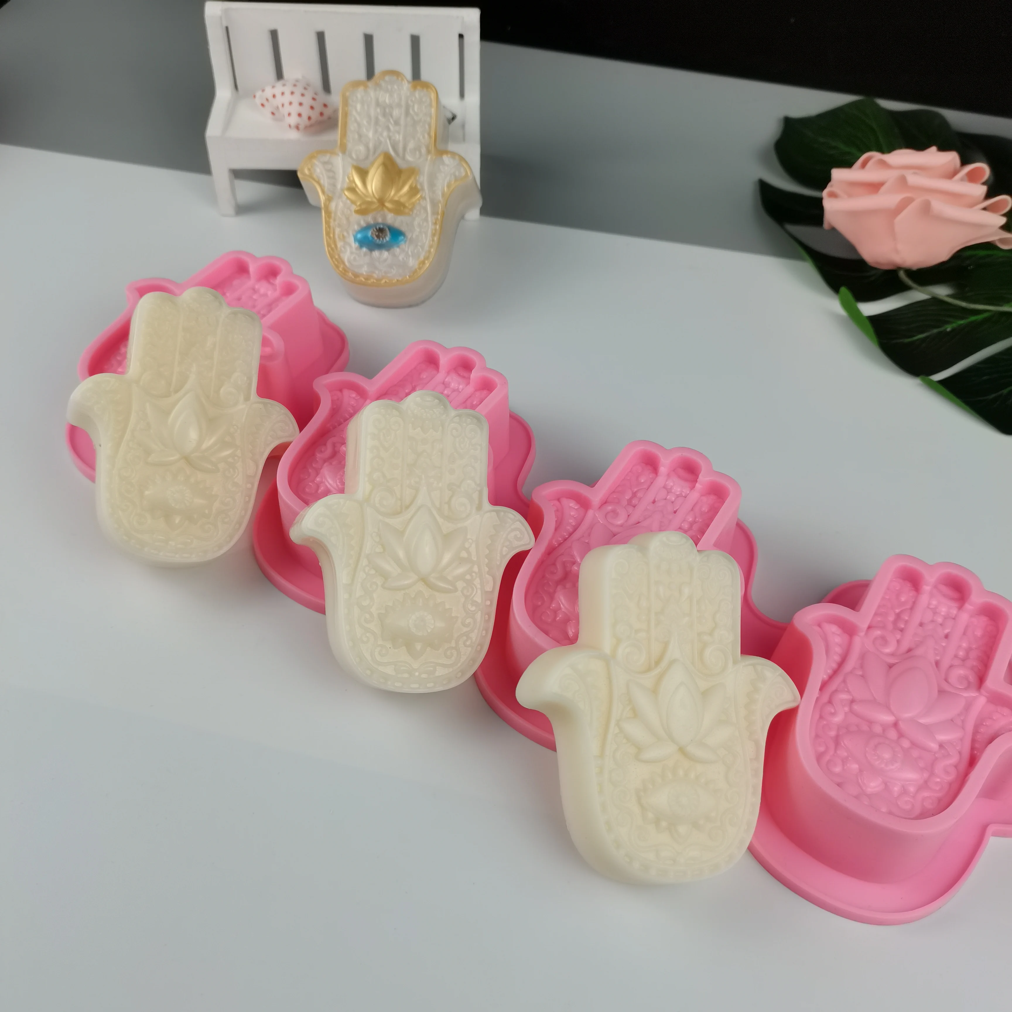 4 Cavities Silicone Candle Mold Lotus in the Palm Patent Mold Hand of Fatima DIY Handmade Mascot Candle Resin Mold