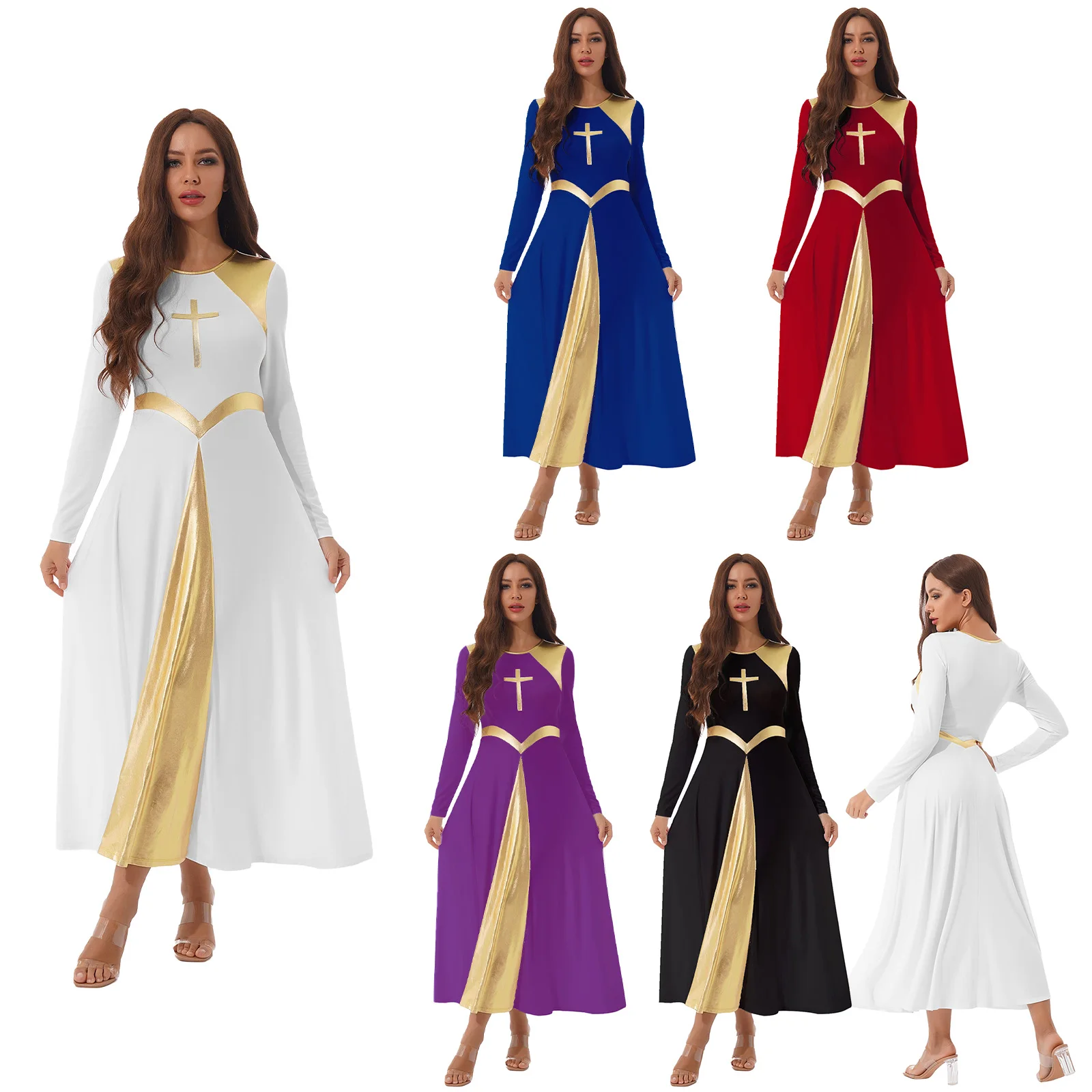 Women Metallic Cross Liturgical Praise Dance Dress Ballet Lyrical Dancewear Full Length Maxi Robe Worship Costume Party Dresses