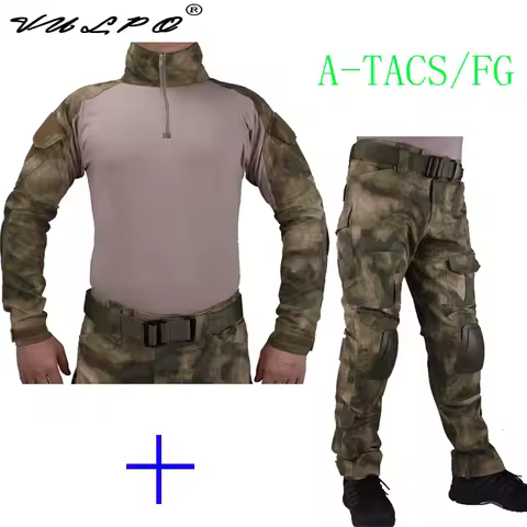 VULPO Hunting Camouflage BDU AT-FG Combat Uniform Shirt Met Broek En Elbow &amp; KneePads Ghilliekostuum Jacht