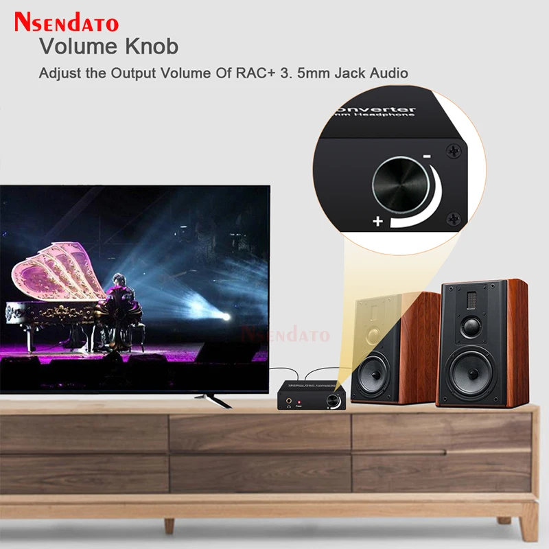 Conversor digital para analógico 192khz, conversor dac hd, hifi óptico spdif coaxial para rca, 3.5mm, controle de volume para dolby ac3