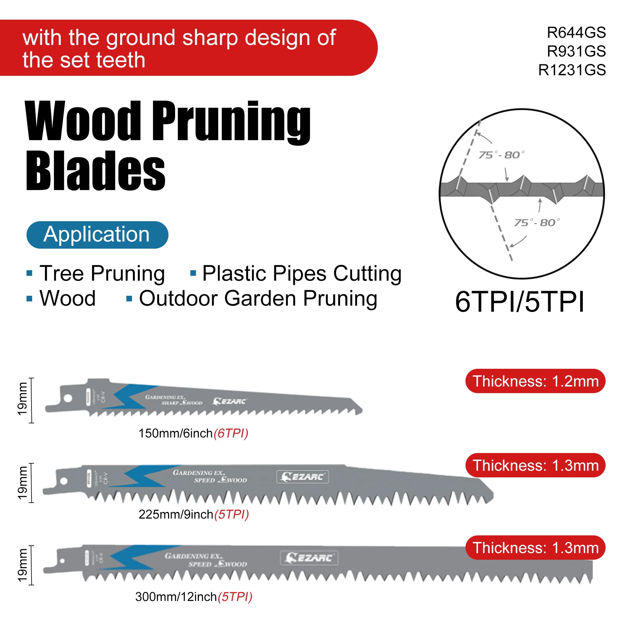 EZARC 5Pcs Wood Pruning Reciprocating Saw Blade Sharp Ground Teeth CRV Long Lifetime Sabre Saw Blades 5TPI (150mm, 225mm, 300mm)