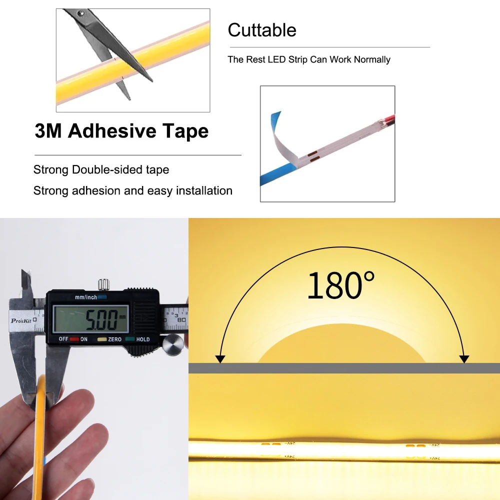 Taśma LED FCOB światła wąskie 4mm 5mm 8mm wysokiej gęstości elastyczne FOB COB światła Led RA90 ściemniania liniowe do kuchni pokój DC12V 24V