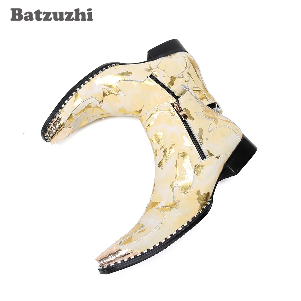 

Batzuzhi Men's Leather Ankle Boots Gold Luxury Handmade Men Boots Pointed Iron Toe Rock Party and Wedding Footwear botas hombre