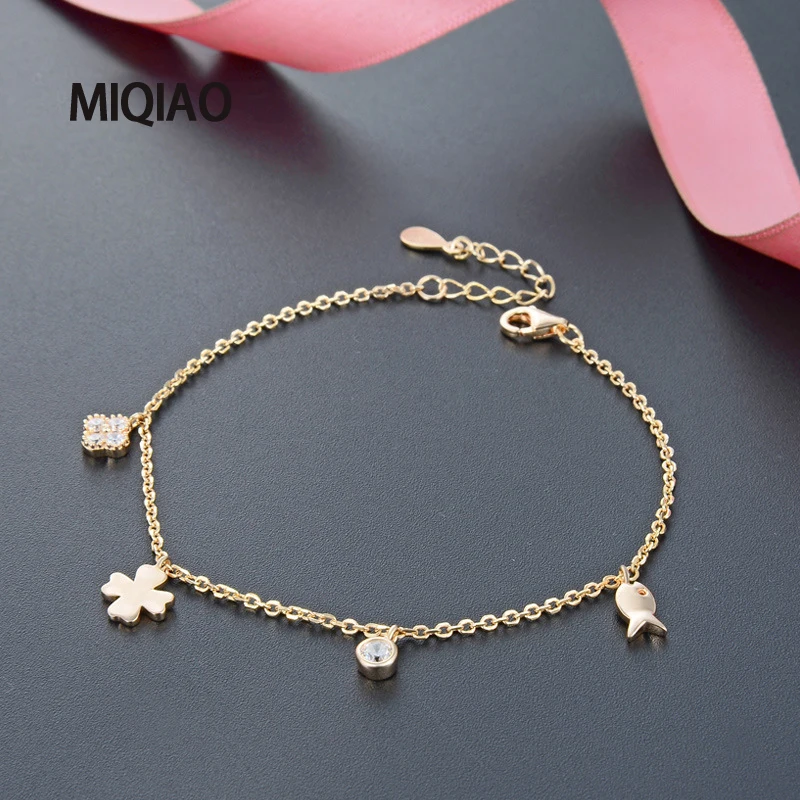 MIQIAO Four-leaf Clover Anklet Women's Bracelets On The Leg Chain Ornament Jewelry 925 Sterling Silver Female Gold Color Charm