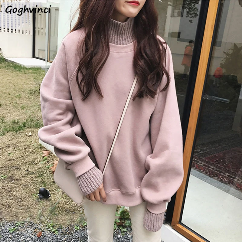 Hoodies Women Turrtleneck Solid Pullover Korean Style Thicker Aesthetic Womens Simple Winter Warm Outwear Girls Ladies Hoodie