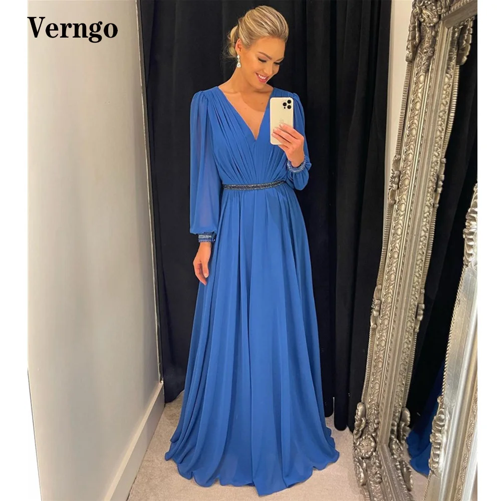 Verngo-Robe de Bal en Mousseline de Soie Bleu Royal, Tenue de Soirée Simple, à Manches sulf, Col en V, avec Ceinture Drapée, de Grande Taille, pour Mère et Marié