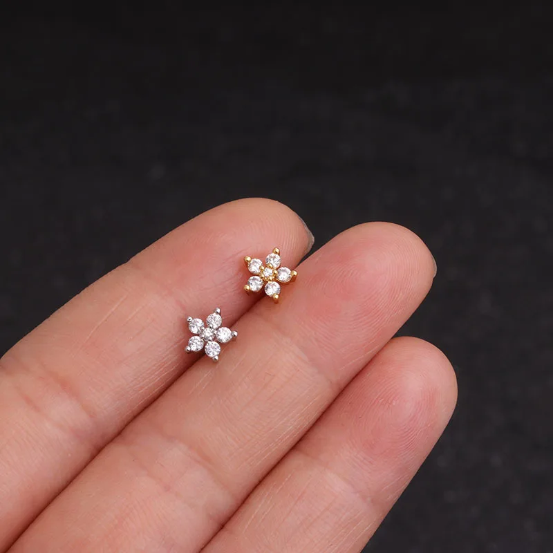 1Piece New Moon Flower CZ Ear Piercing Jewelry Cartilage Stud Earrings Stainless Steel Daith Helix Tragus Rook Conch Studs