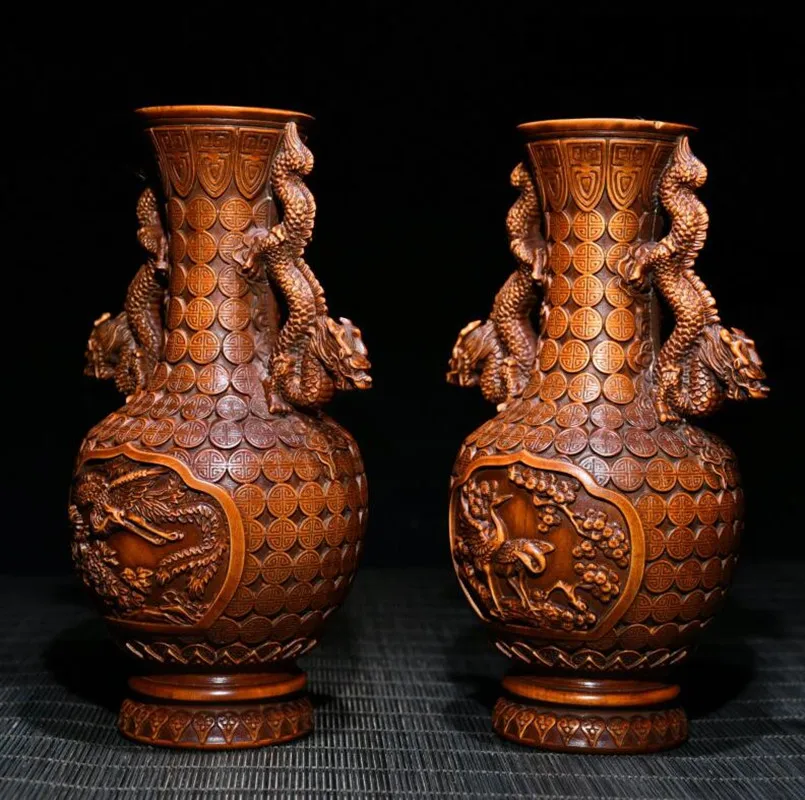 Archaize seiko Hand-carved boxwood double dragon ear vase crafts statue A pair