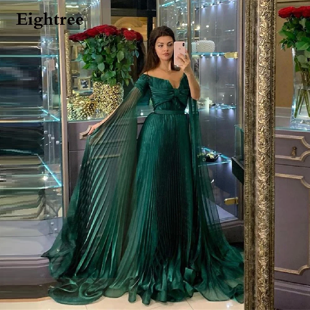 Shiny Dark Green Long Sweetheart Prom Dresses Evening Gowns Off Shoulder Long Sleeves Dubia A Line Night Party Dress Formal Gown