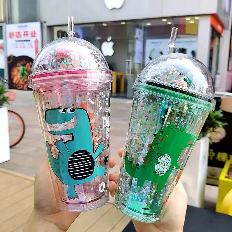 Children's Dinosaur Straw Cup Cute Cartoon Fun Double Plastic Water Bottle Creative Personality Student Girl Gift Drinking Cup