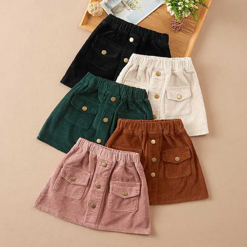 Fashion Kids Skirt School Girls Corduroy Skirt Button Design Pockets Korean Kids Clothes Teenager Children\'s Clothes Girl Skirts