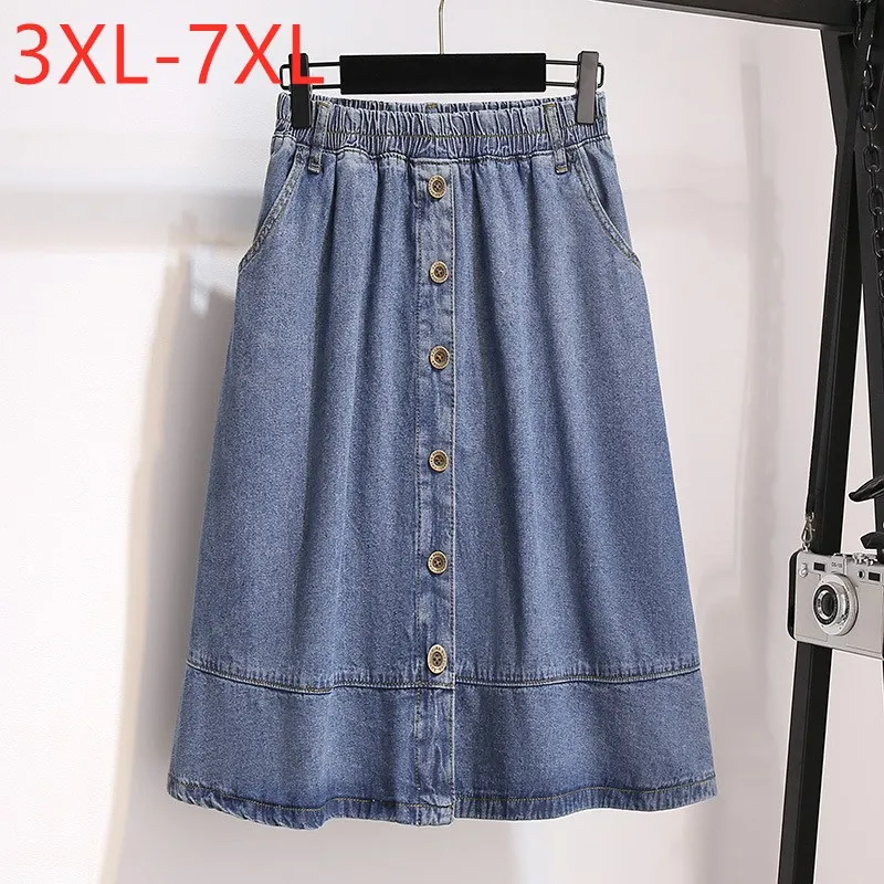 Rok Midi Denim Wanita Ukuran Plus Musim Semi Musim Gugur 2021 Baru untuk Wanita Rok Kancing Biru A-line Katun Kasual Besar 4XL 5XL 6XL 7XL