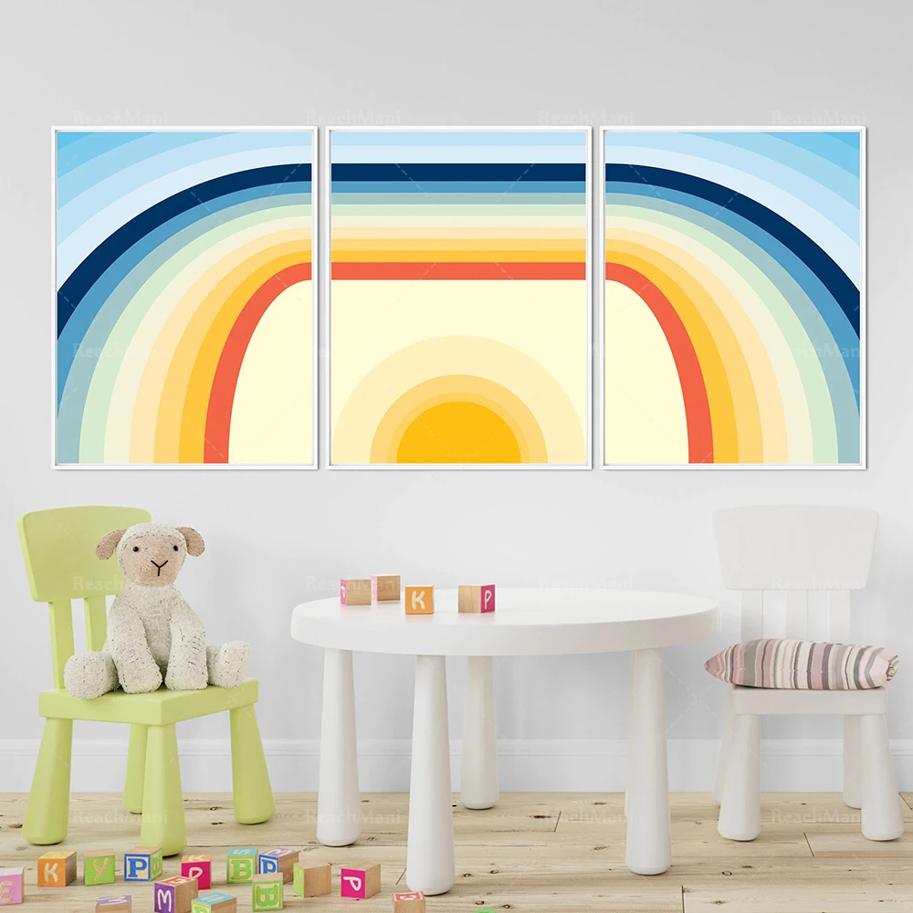 Half rainbow sun prints, color modern wall art queen size 70s retro game room bedroom bedside dormitory poster
