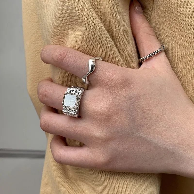 QMCOCO  Silver Color Tin Foil Adjustable Wide Ring For Woman Man Fashion Personality INS Trend Design Party Jewelry Gifts