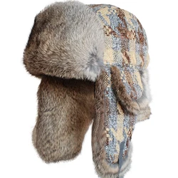 Rabbit Fur Russian Bomber Hat Women WinterTrapper Snow Cap  Earflap Ushanka