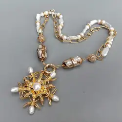 Y·YING Freshwater Pearl White Biwa Pearl Gold Plated Chain Necklace Pearl Insect Pendant 20