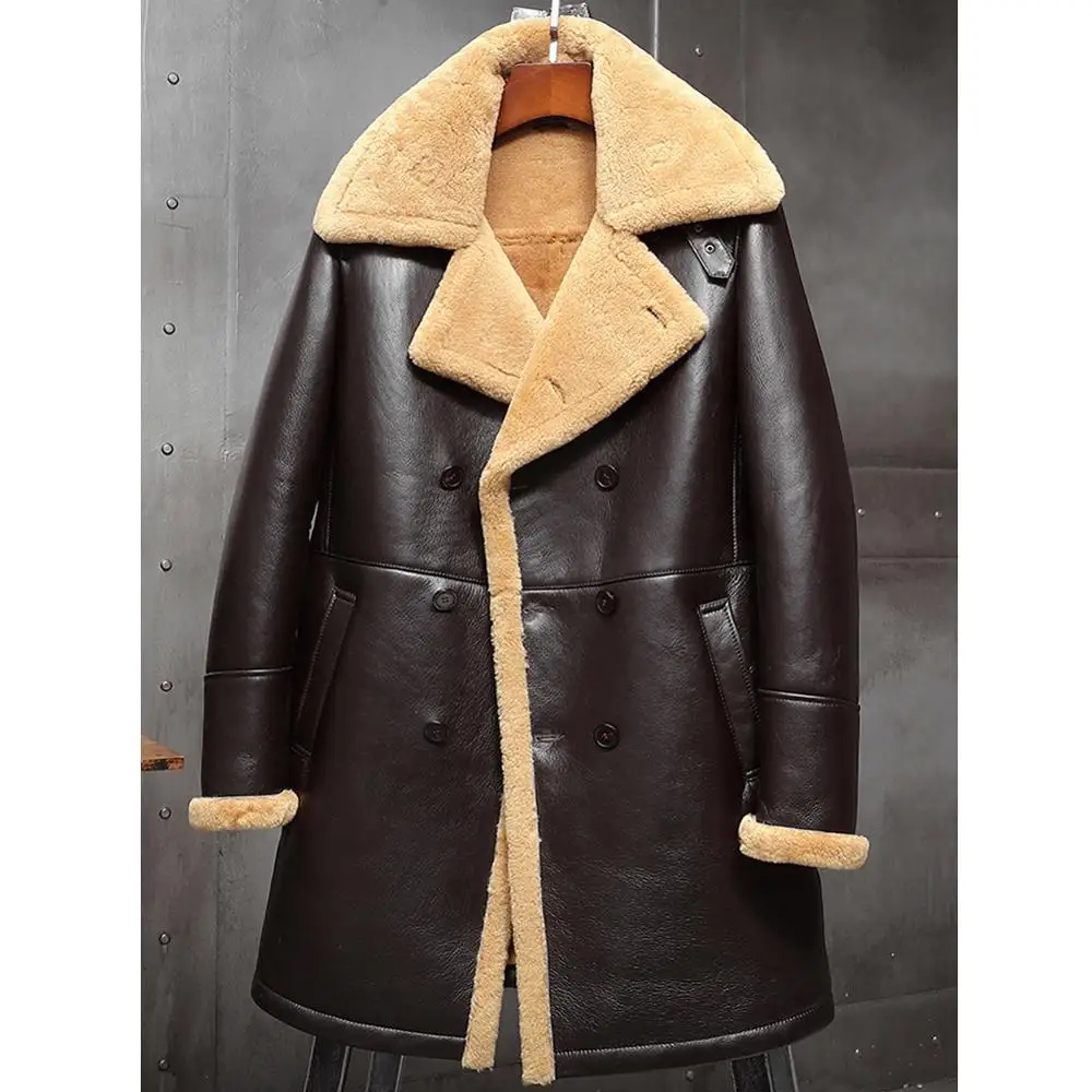 

Mens Brown Shearling Coat B3 Flight Jacket Sheepskin Aviator Long Winter Fur Overcoat Bomber Leather Parkas