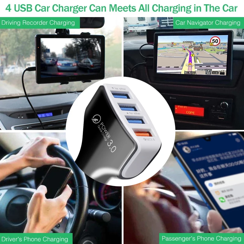 Kebidu Car Charge 4 Port USB Car Charge Quick Charger QC 3.0 Mobile Phone Charge Adapter For iPhone Samsung Car Mobile phone