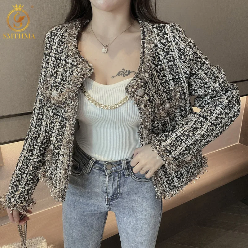 

SMTHMA Elegant Korean Chic Tweed Women Jacket Long Sleeve O-Neck Spring Coat 2023 New Fashion Single Breasted Jackets Femme