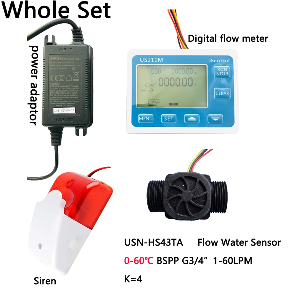 

US211MA Pipe Water Suspend Alarming System & USN-HS43TA 1-60LPM Plastic BSPP G3/4" Flow Sensor Turbine Flowmeter & Siren