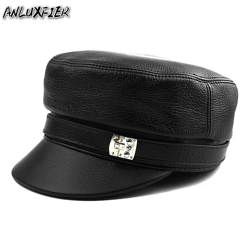 H3519 Men Black Leather Hat Male Genuine Leather Cap High Quality Fashion Flat Top Outdoor Warm Casual Hats