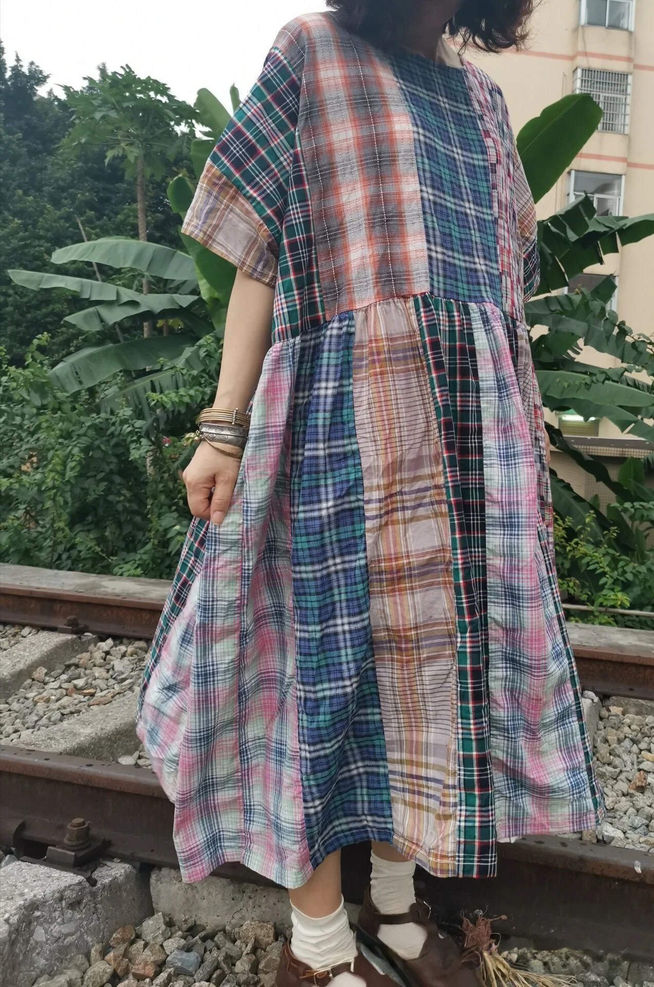 Original Casual Literary Loose Patchwork Plaid Long Dress Women Summer Clothes For Women Woman Clothing