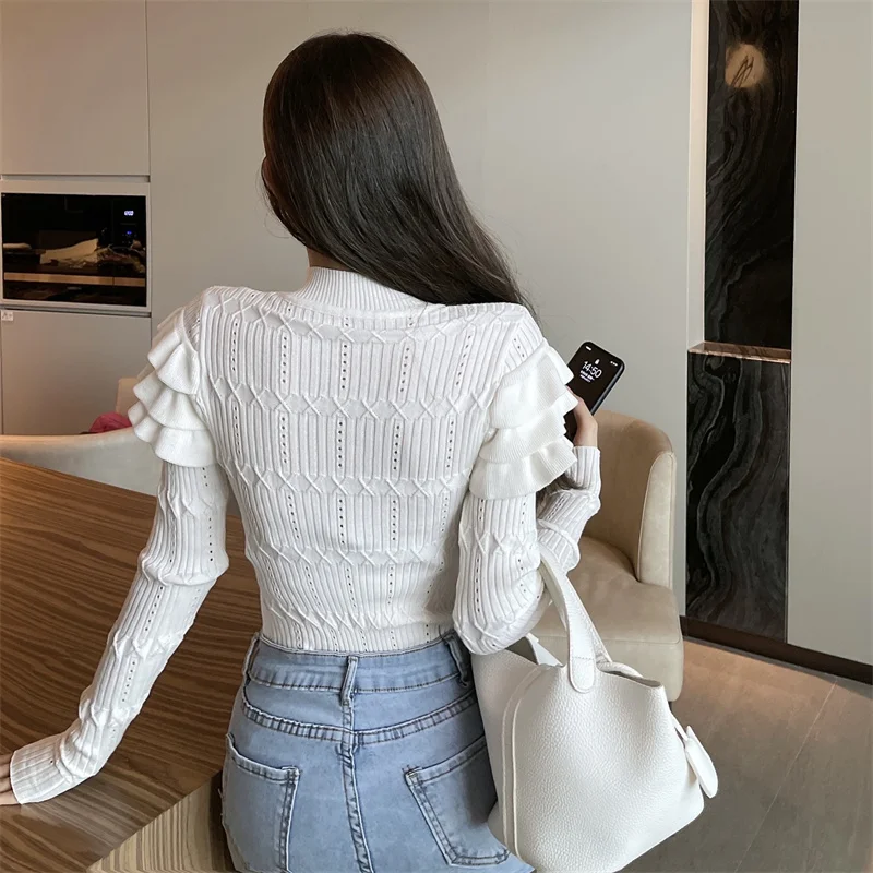 Full Sleeve Turtleneck Buttons Sweater Jumpers Girls Stretchy Chic Ruffles Autumn Spring Sweaters Pullovers Tops Women