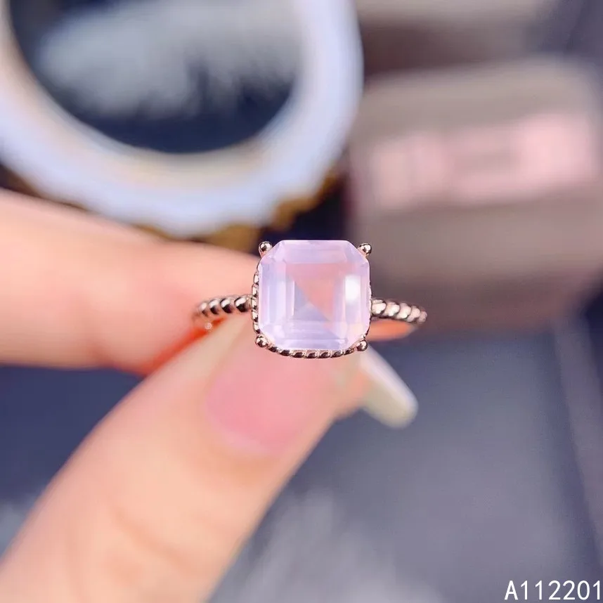 

Fine Jewelry 925 Sterling Silver Inset With Natural Gem Women's Luxury Elegant Square Rose Quartz Adjustable Ring Support Detect