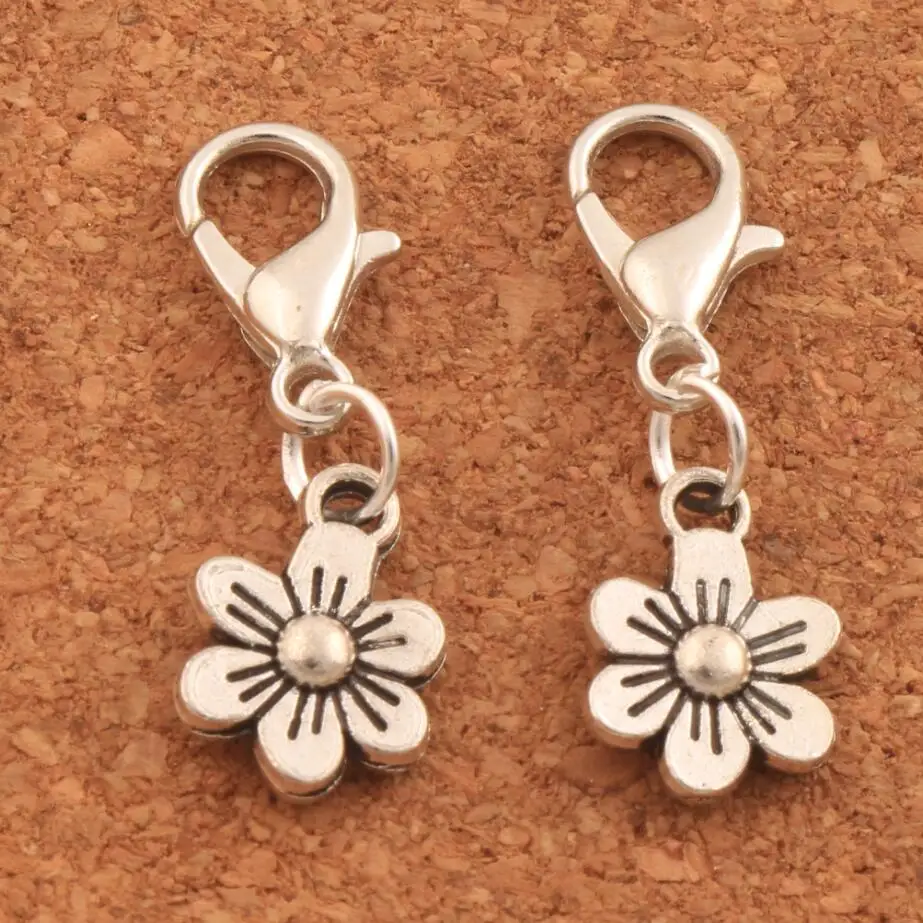 Small Plum Flower Lobster Claw Clasp Charm Beads 8.7x26.3mm 100pcs zinc alloy Jewelry DIY C320 LZsilver