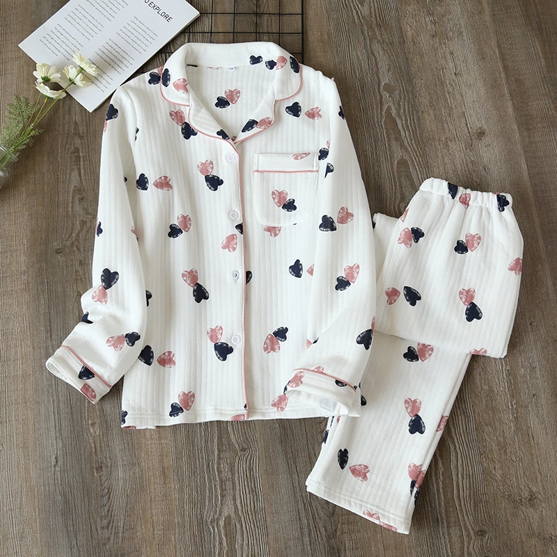 

Women Autumn Cotton Loose Leisure Pajamas Trousers 2 Piece Suit Love Pattern Long Sleeve Pajama Home Clothes Lounge Sleepwear