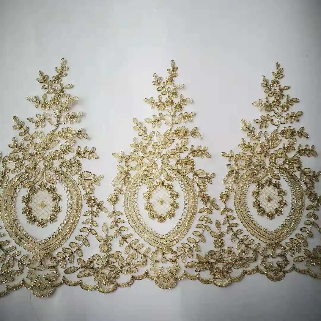 2Yards 30cm Wide Gold Silver Edge Polyester Embroidery Lace Trim for Bridal Wedding Gown Costume Design Lace Ribbon