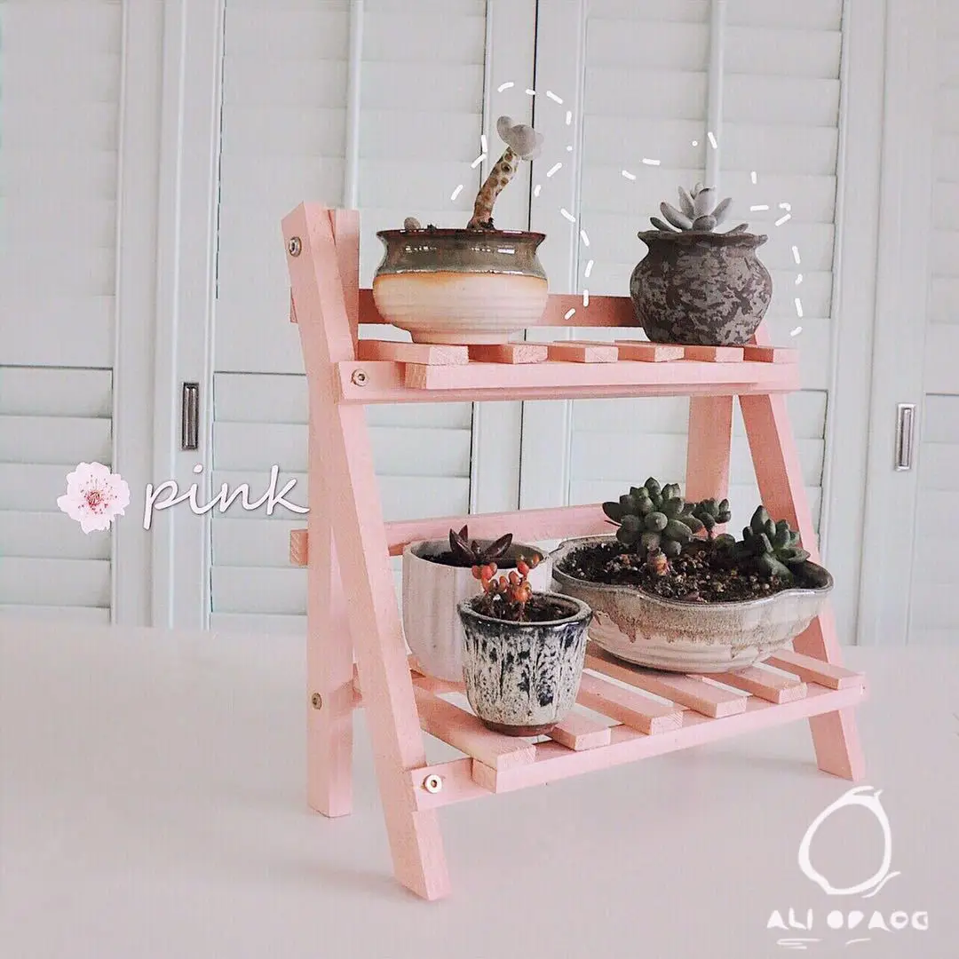 2 Tiers Foldable Plant Shelves Balcony Flower Stand Rack Wooden Indoor & Outdoor Flower Pot Stand Display Office Home Decoration