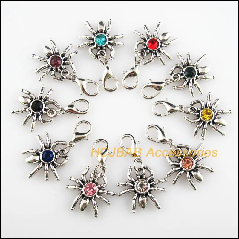 10Pcs Tibetan Silver Tone Spider Retro Mixed Round Crystal 17x19mm With Lobster Claw Clasps Charms