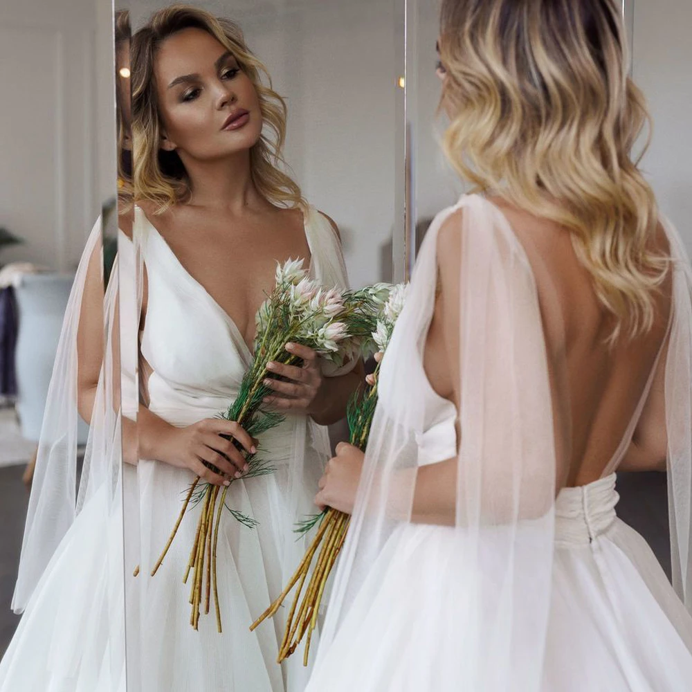 Vestido de novia blanco marfil con escote en V profundo y espalda descubierta, traje de boda, sencillo, hecho a medida