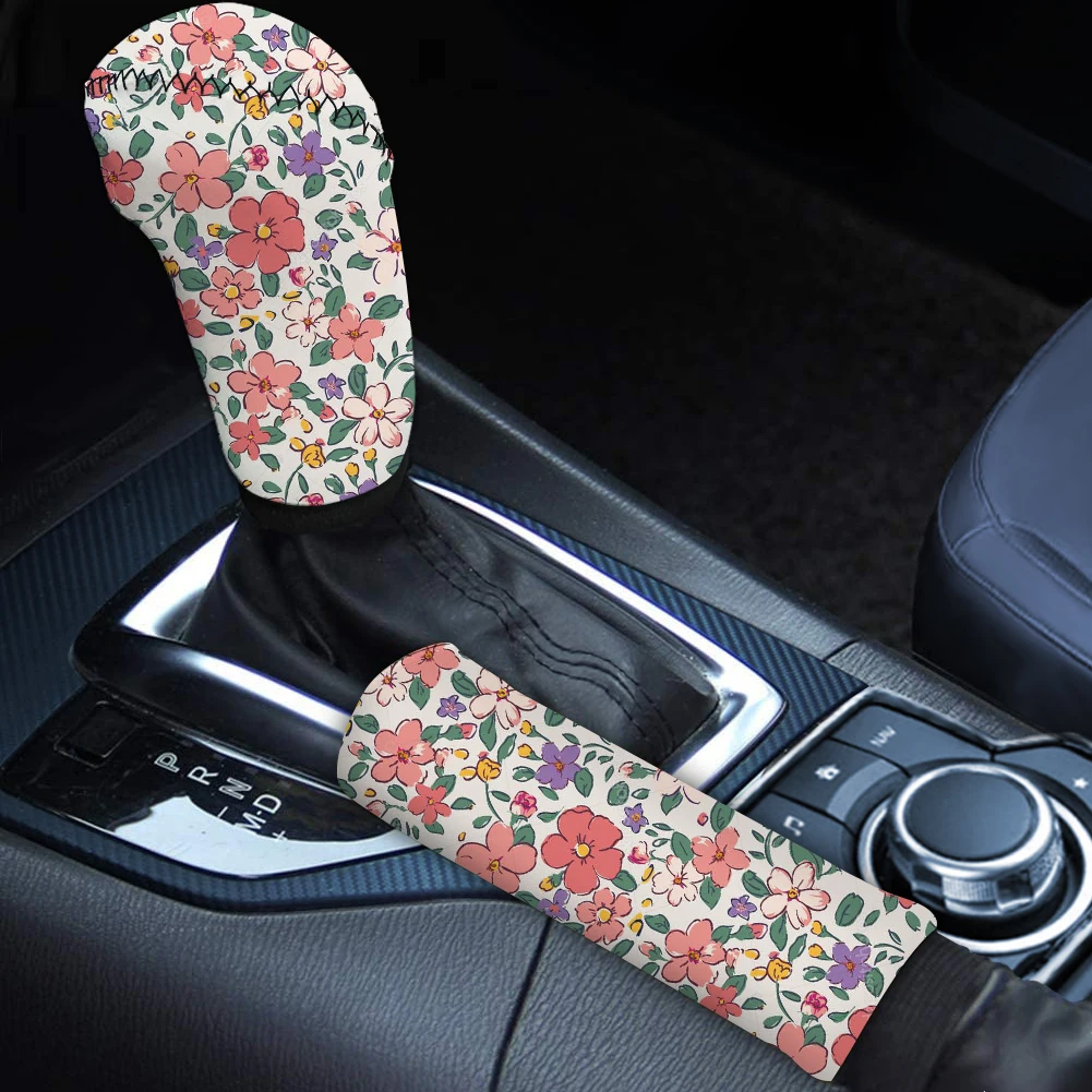 INSTANTARTS Fashion Flower Prints Durable Car Interior Protector Hand Brake Gear Cover 2pcs/Set Gear Head Shift Knob Cover Soft