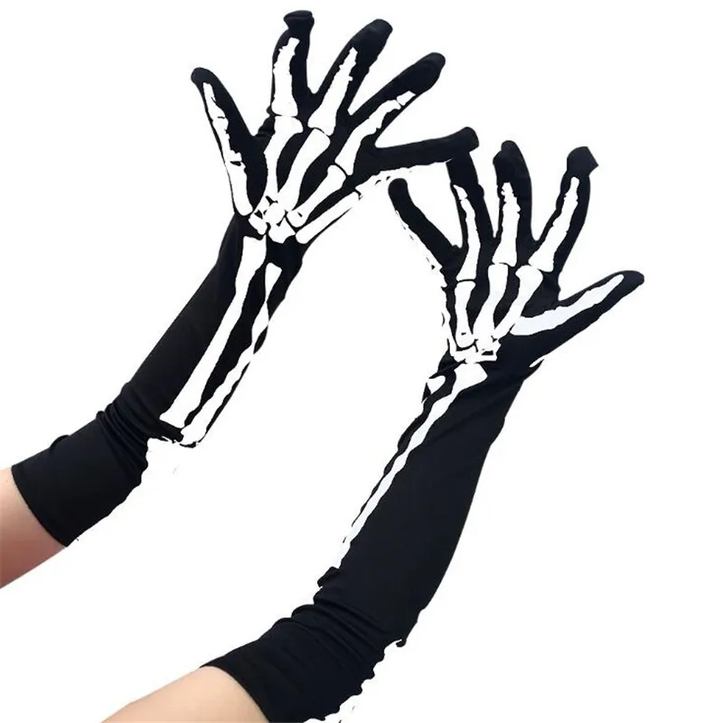 Manoplas de calavera y hueso de la mano para hombre y mujer, accesorios de guantes completos para Cosplay, Halloween, Unisex, longitud larga