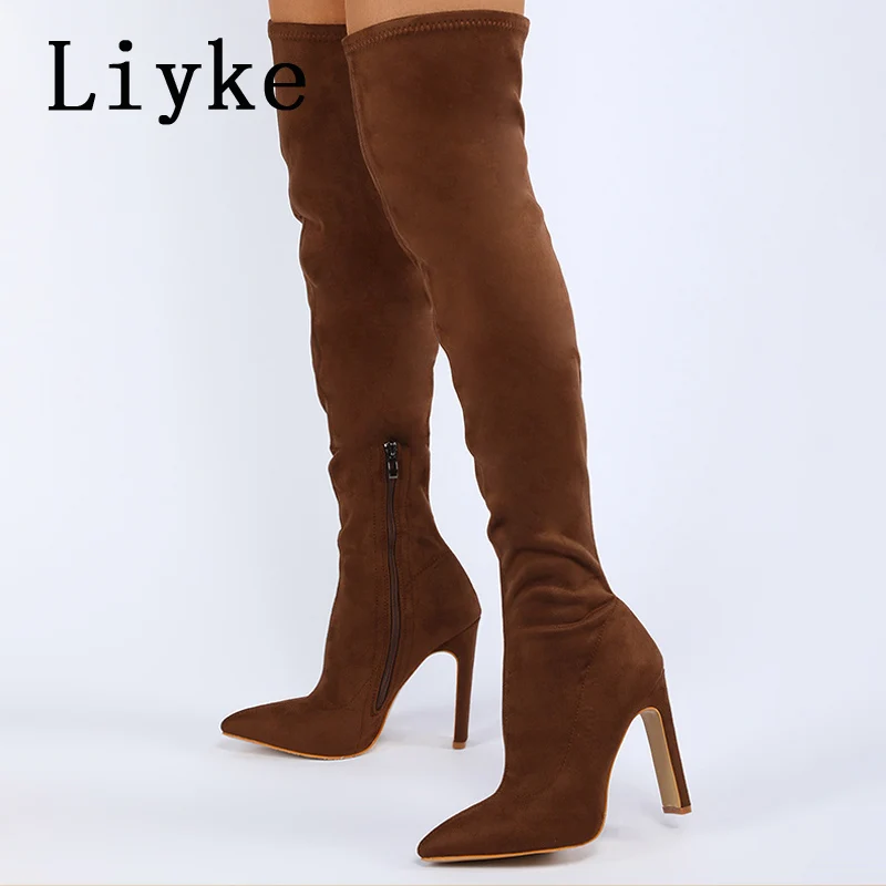 Liyke Sexy Over The Knee Thigh High Boots Femme Red Brown Stretch Flock Pointed Toe Heels Fashion Zip Long Women Shoe