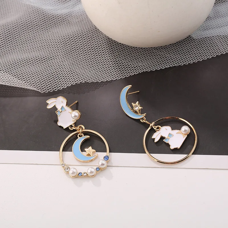 Pendientes asimétricos para adolescentes y mujeres, aretes de conejo, Luna, perla, estrella, cristal, Animal, joyería romántica, BT45T #34