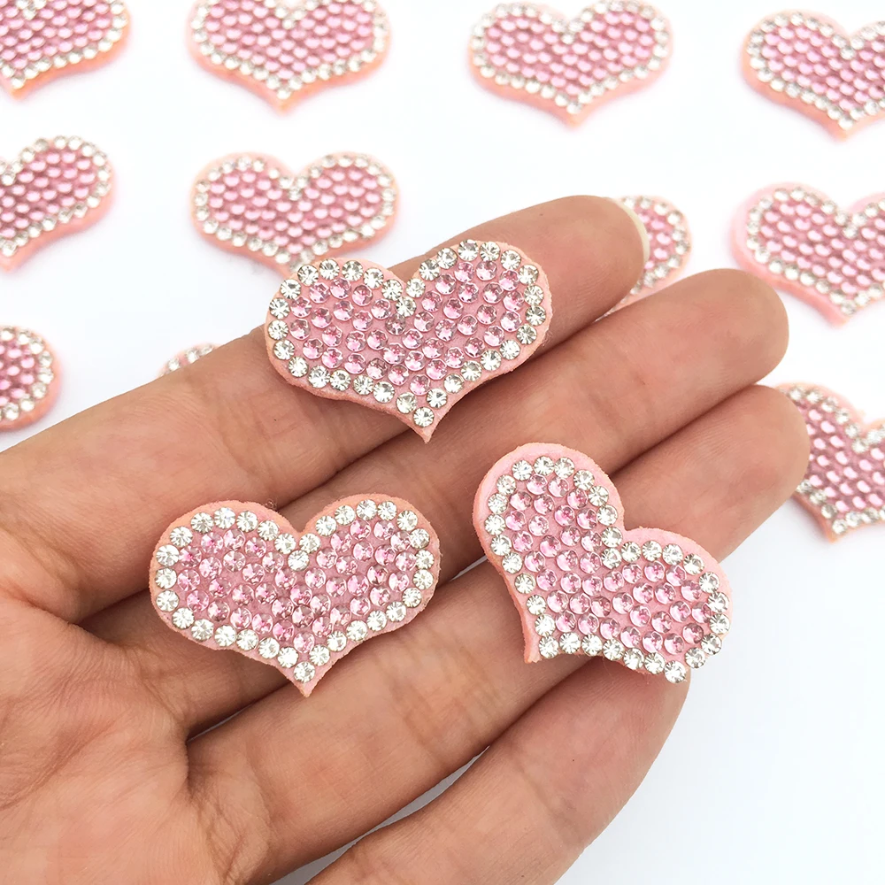 20Pcs Heart Shape Pink Patches AB Rhinestone Applique Beaded Patches For Clothing DIY Hair Clip Decoration Sew Accessories