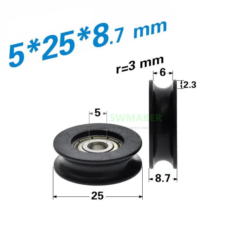 1pcs 5*25*8.7mm U groove concave wheel, door and window track pulley, 625 bearing plastic wheel, R3 guide wheel / crane wheel