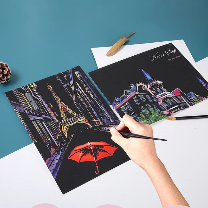 4PCS DIY Scratch Paintings Magic Toys Colorful Night View Scraping Art Paper Baby Kids Gift Education Toys Manual Drawing Toys