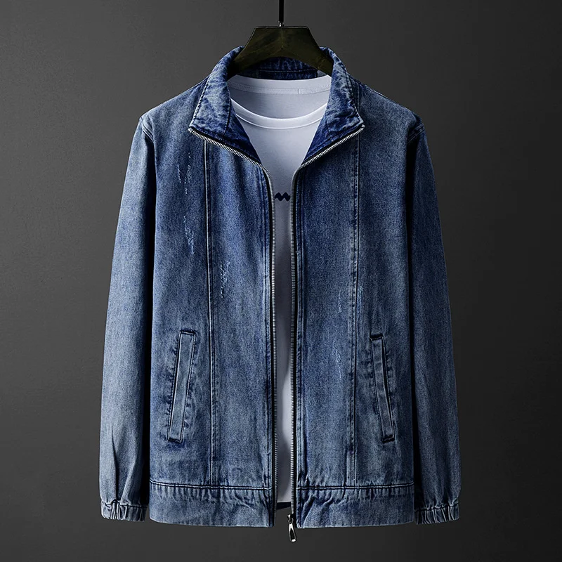 

New Autumn Men's Blue Denim Jacket Zipper Fashion Casual Lapel Solid Color Cotton Slim Handsome Daily Simplicity Brand Clothes