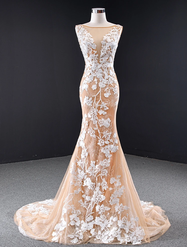 Robe de mariée sans manches, couleur ivoire, dentelle, dos lacé, sirène, traine, couleur Champagne, 2021