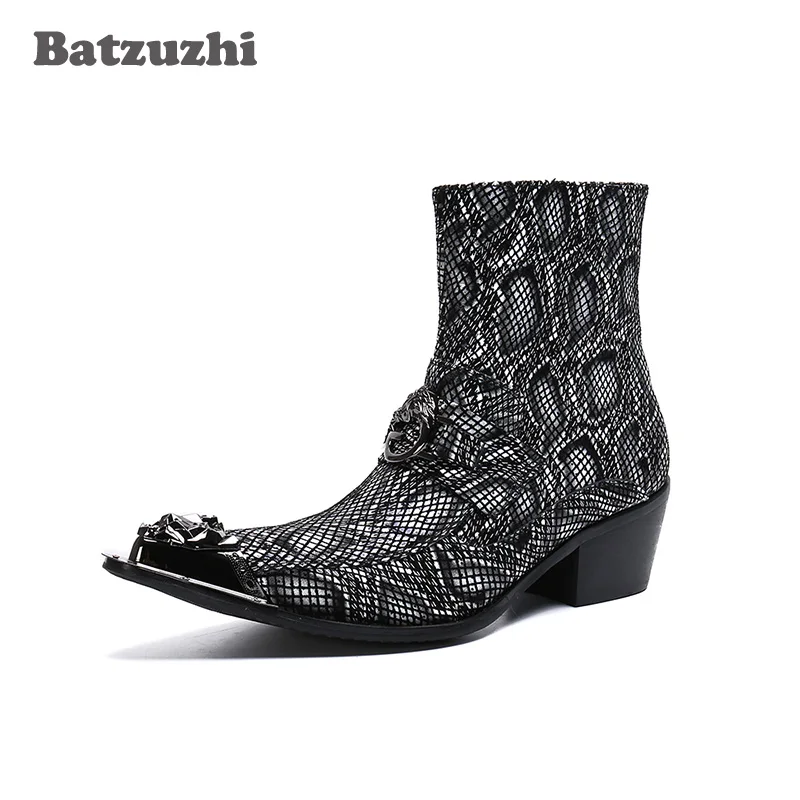 Batzuzhi Western Handsome Men Shoes Pointed Iron Tip Leather Boots Men Ankle Motorcycle Party Bota Masculina, Sizes 38-46, US12